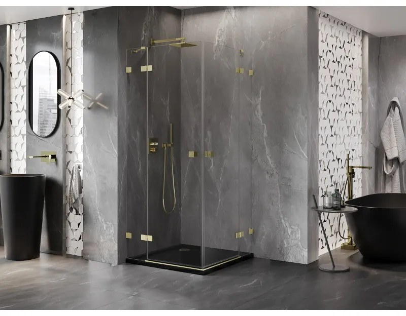 Mexen Lunar Duo, výklopný sprchový kút 90 x 90 cm, 8mm číre sklo, zlatý matný profil, 834-090L-090P-55-00