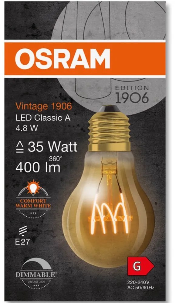 Dekoratívna LED žiarovka E27 A60 4,8W = 35W 400lm 2200K Warm 320° Filament Dimmable OSRAM Vintage 1906