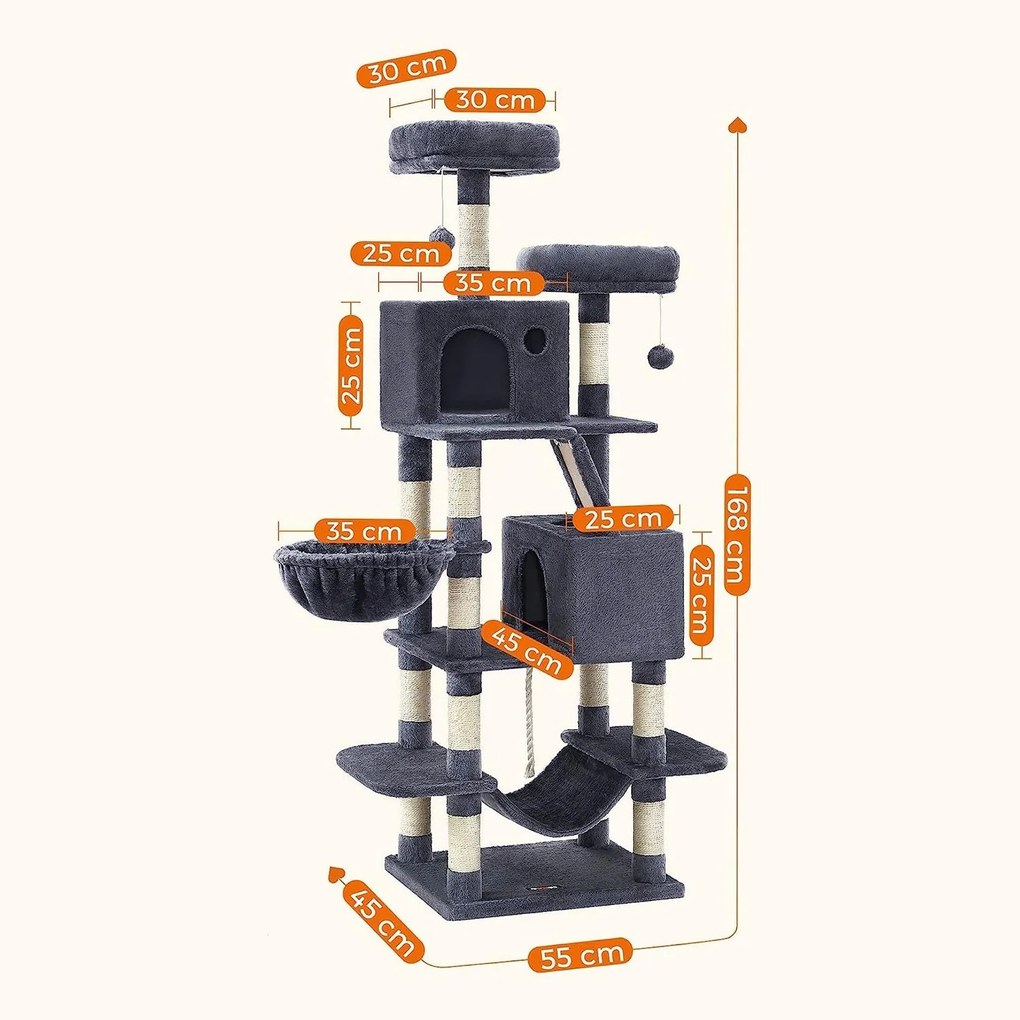 Veľké škrabadlo pre mačky, 168 cm vysoké, mačací strom L, dymovo sivé