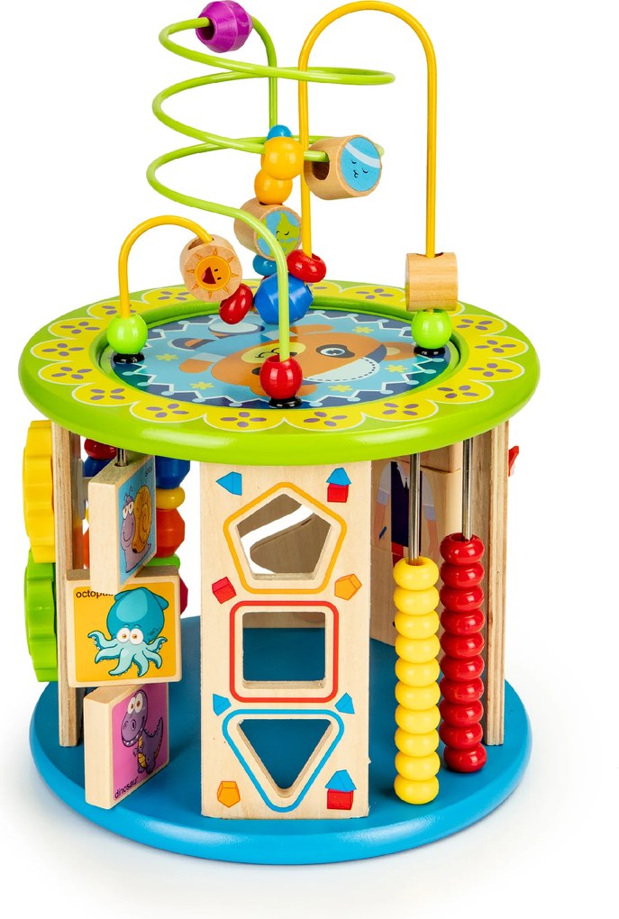 Drevená edukačná kocka ECOTOYS – motorická hračka s labyrintom, lovenie rýb a kockami