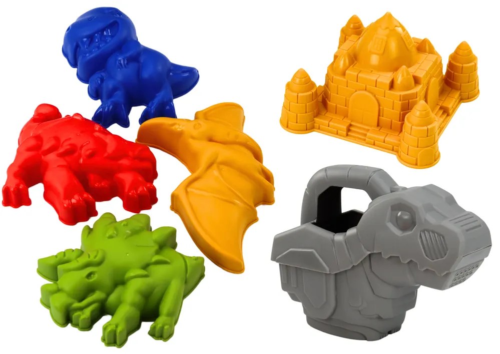 LEAN TOYS Súprava na piesok so sprchou – Dinosaurus, 6 formičiek a náradie
