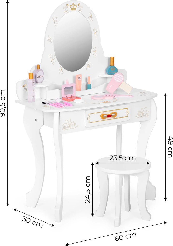Detská drevená toaletka pre dievčatá s veľkým zrkadlom, zásuvkou a doplnkami ECOTOYS
