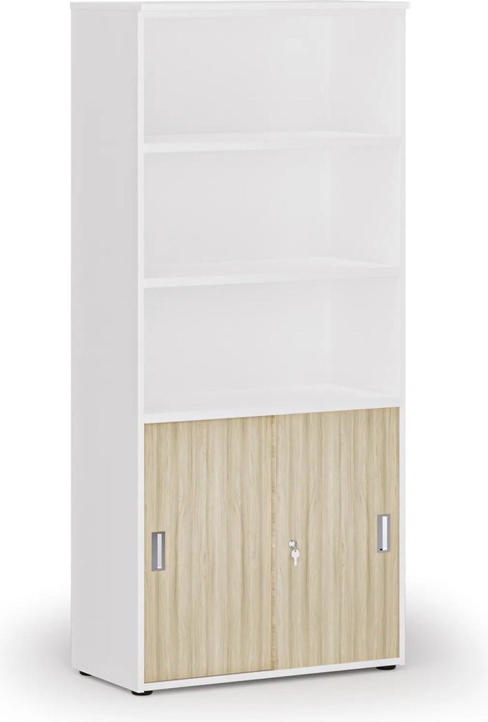 Kombinovaná kancelárska skriňa PRIMO WHITE, zasúvacie dvere na 2 poschodia, 800 x 420 x 1781 mm, biela/dub prírodná
