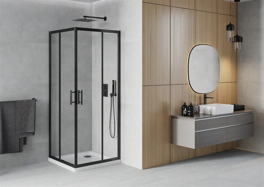 Mexen Rio, štvorcový sprchovací kút s posuvnými dverami 70 (dvere) x 70 (dvere) x 190 cm, 5mm číre sklo námraza, čierny profil + biela sprchová vanička SLIM, 860-070-070-70-00-4010