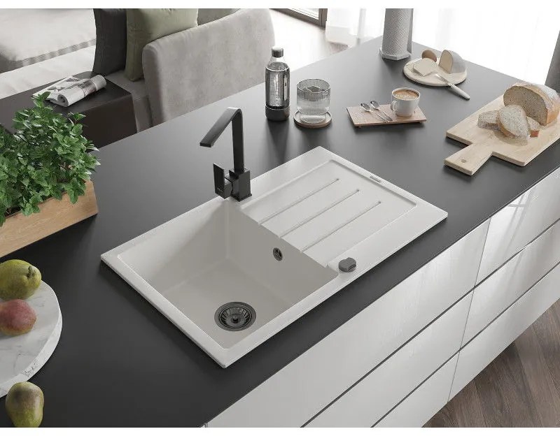 Mexen Bruno, drez granitový 795x495x200 mm, 1-komorový, biela s čiernym sifónom a čierna drezová batéria Rita, 6513-20-670300-70
