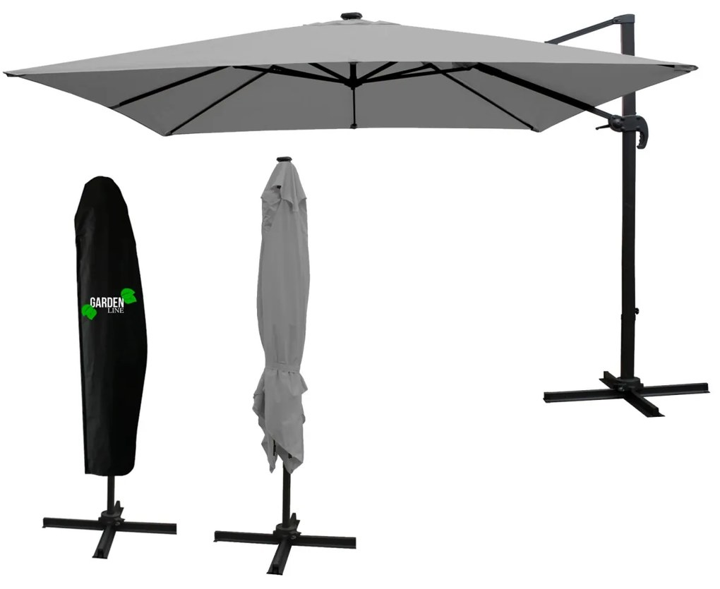 Zahradní slunečník s ochranným obalem a LED osvětlením ROMA 300 x 300 cm šedý