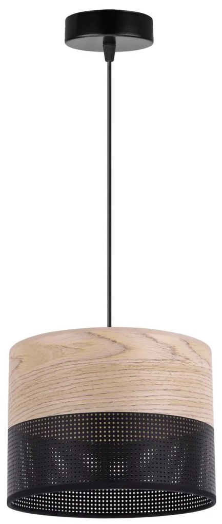 Závesné svietidlo Wood, 1x béžová dubová dýha/čierne PVC tienidlo, (fi 20cm)