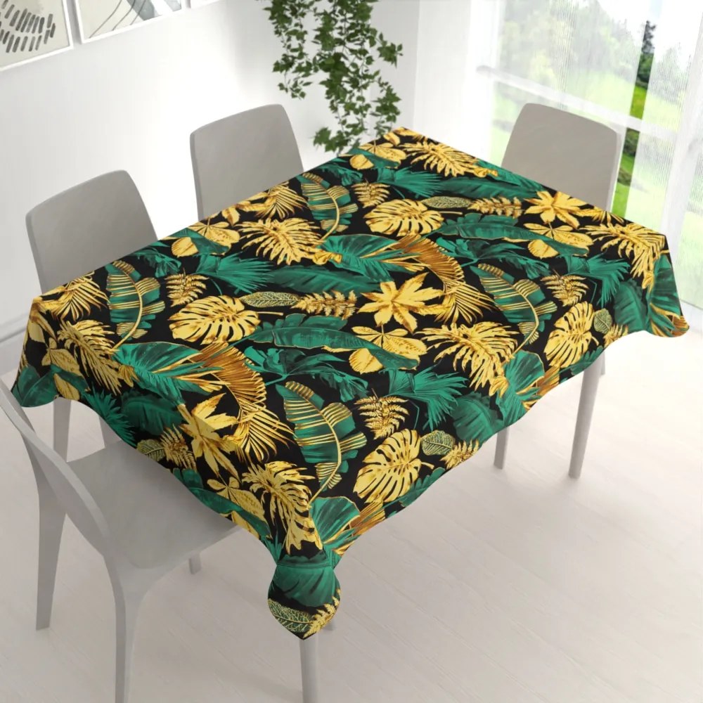 Biante Bavlnený obdĺžnikový obrus Sandra SA-603 Zeleno-zlaté tropické listy na čiernom 50x100 cm