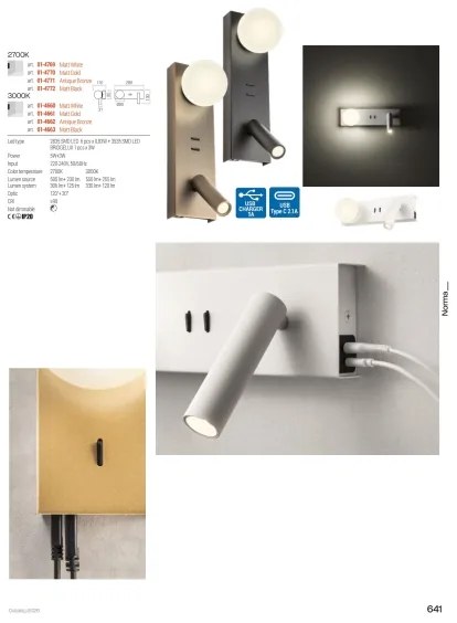 Redo 01-4661 - LED nástenné svietidlo NORMA LED/5W/230V + LED/3W CRI 90 USB zlaté