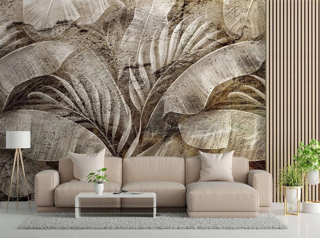Gario Fototapeta Tropické listy na textúre imitujúcej betón Materiál: Vliesová, Rozmery: 100 x 70 cm