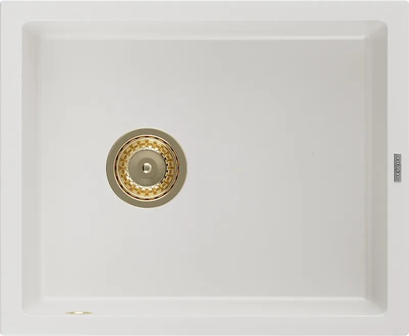 Mexen Pedro granitový kuchynský drez 1-komorový 560 x 460 mm, biely, zlatý sifón - 6508561000-20-G