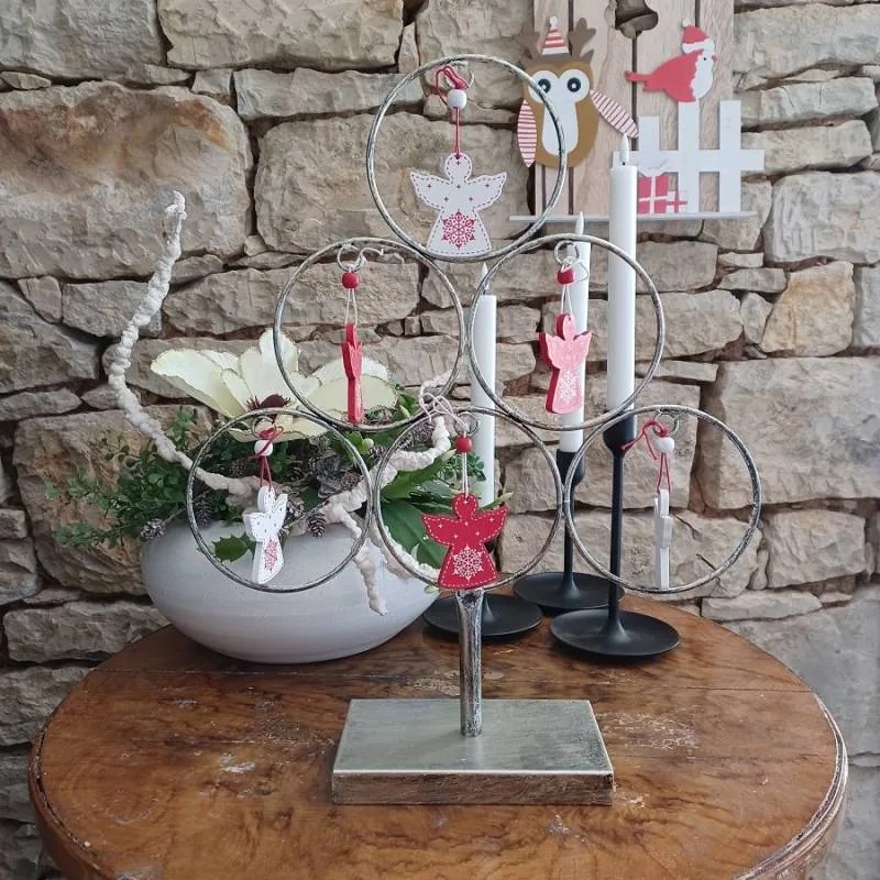 DECOLED Dřevěný anděl, 5x6 cm, červený a bílý, 12ks/bal.