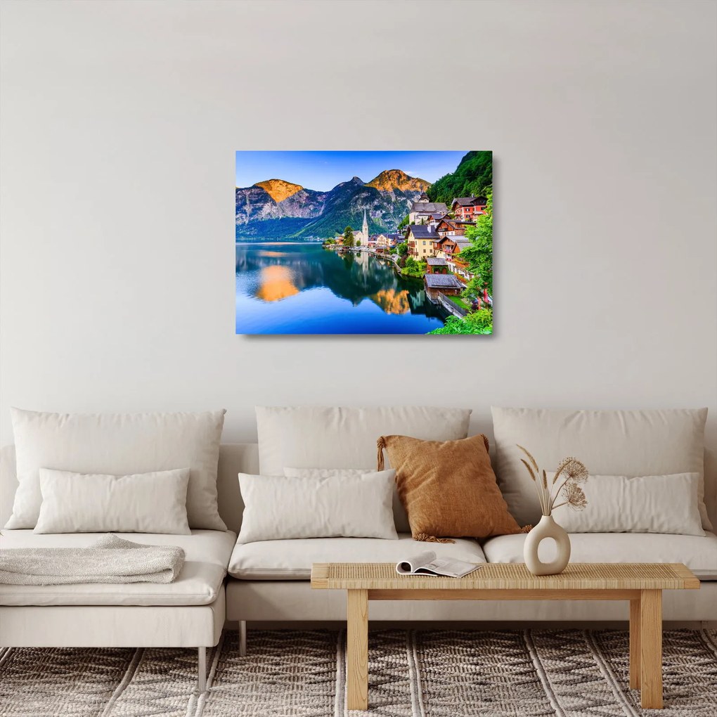 Sklenený obraz - Alpská dedina (70x50 cm)