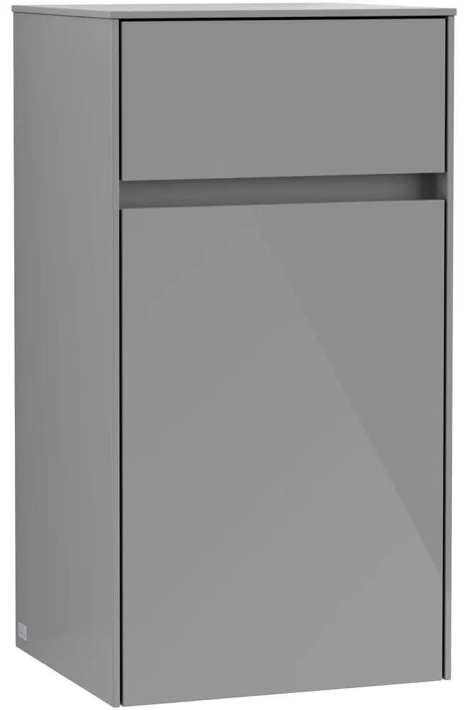 VILLEROY &amp; BOCH Collaro závesná bočná skrinka, 1 dvierka, 1 zásuvka, pánty vľavo, 404 x 349 x 749 mm, Glossy Grey, C03200FP