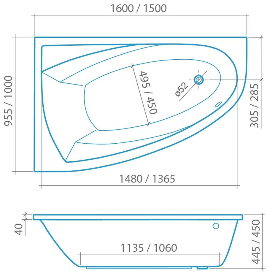 Asymetrická akrylátová vaňa iBATH ASYMMETRIC NEO Ľavá 160 cm 100 cm