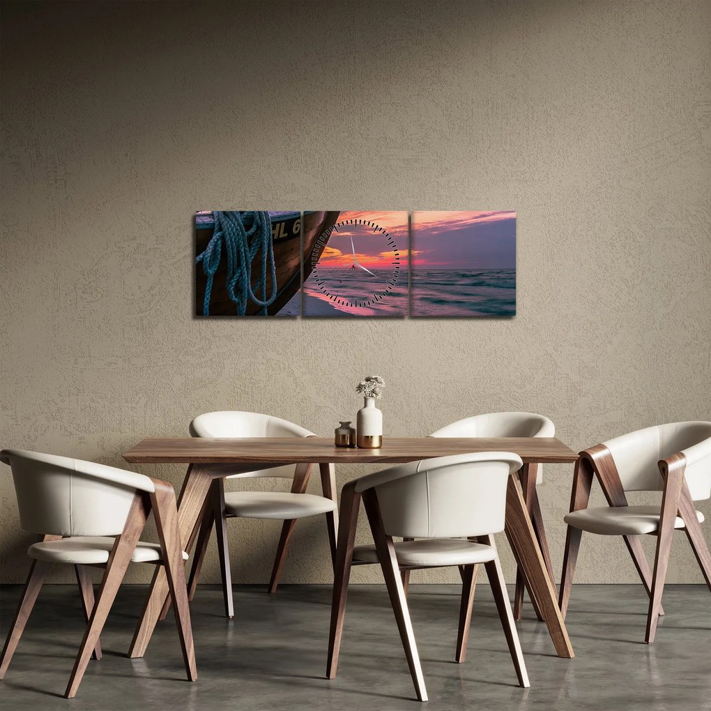 Obraz loďky na brehu (s hodinami) (90x30 cm)