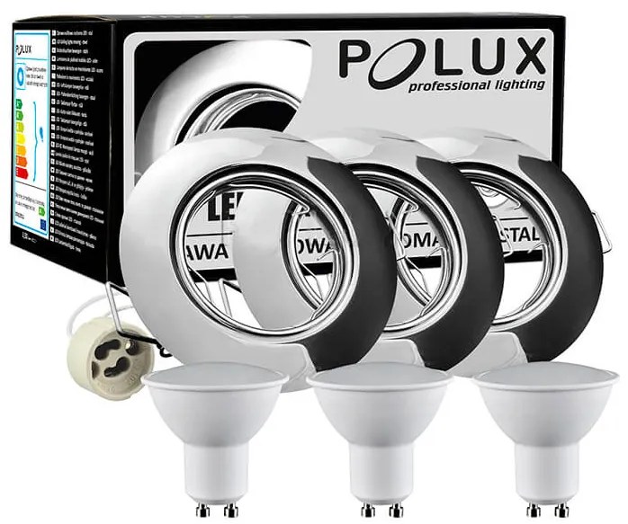 Sada 3x GOLDLUX (Polux) okrúhle halogénové svietidlo chróm + LED žiarovka GU10 3,5W