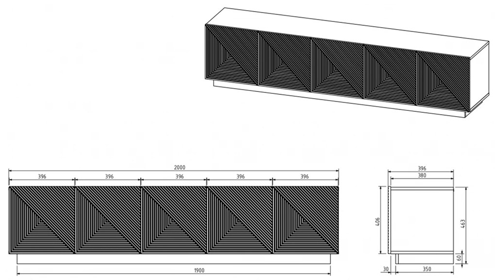 TV stolík Asha 200 cm na sokli - artisan / rivier stone mat