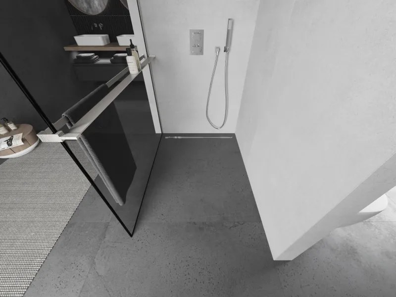 Mexen Kioto+, sprchová zástena Walk-In s poličkou a vešiakom 110 x 200 cm, 8mm číre sklo čierny vzor, brúsená oceľ profil, 800-110-121-97-70
