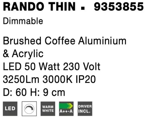 Stropné svietidlo LED so stmievaním Rando Thin 60 3000k hnedá