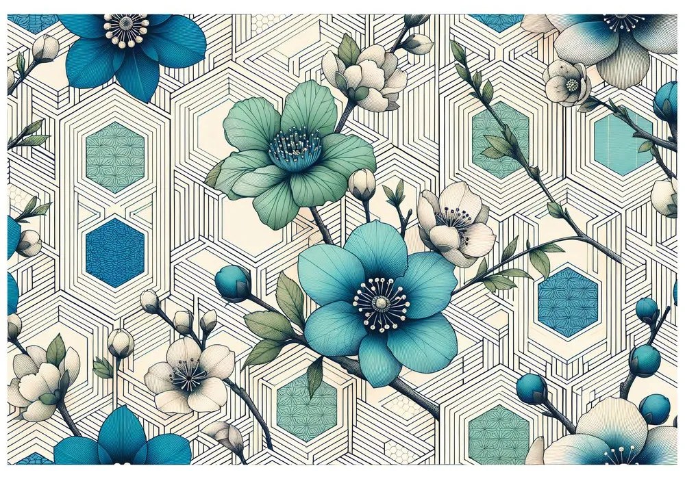 Tapeta modré kvety s geometrickým pozadím