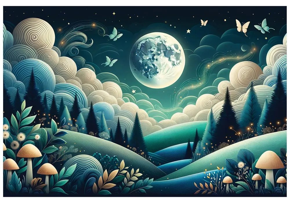 Tapeta nočná rozprávková krajina a lietajúce motýle