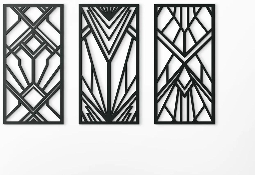 drevko 3-dielny abstraktný obraz Geometrické tvary Rozmer obrazu: 37 x 65 cm, Farba dekorácie: Čierna