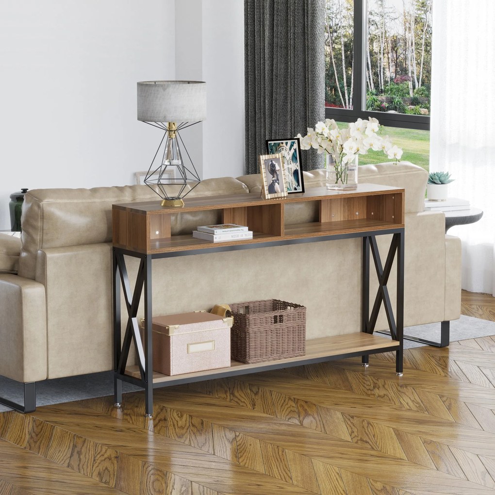 HOMCOM Priemyselný viacúčelový konzolový stolík do predsiene 120 x 23,5 x 75 cm vo farbe orech | Aosom