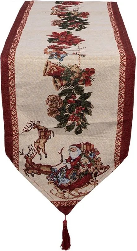 Béžovo-červený látkový behúň so Santom a strapcami - 33*180 cm