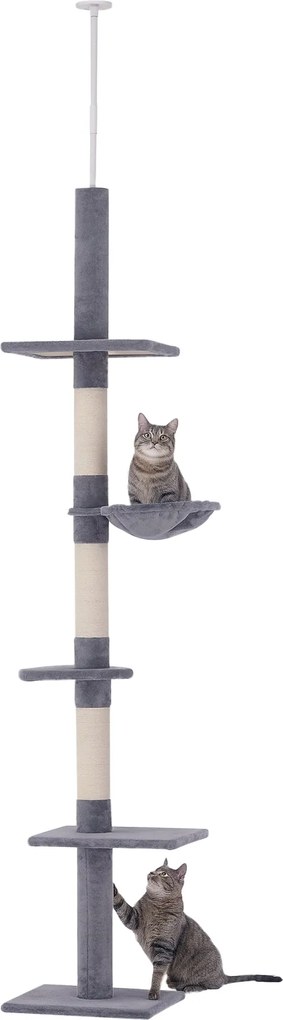 PawHut Stĺp na škrabanie s nastaviteľnou výškou, stabilný stromček pre mačky so sisalovými stĺpmi, šedý, 40 x 34 x 230-260 cm | Aosom