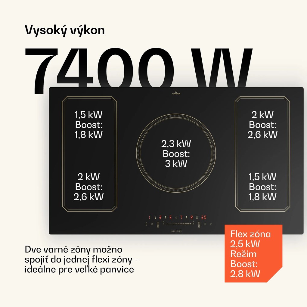 Klarstein Victoria 5 Flex, vstavaná indukčná varná doska, 7400 W, 2 x Flexzone, časovač