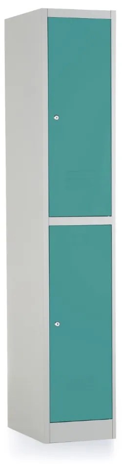 Kovová šatníková skrinka - 2 boxy, 38 x 45 x 185 cm, cylindrický zámok, zelená - ral 6033