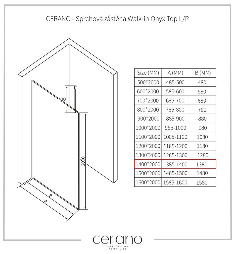 CERANO - Sprchová zástena Walk-in Onyx Top L/P - guľatá vzpera - zlatá kartáčovaná, grafitové sklo - 140x200 cm, CER-CER-8050BD1435