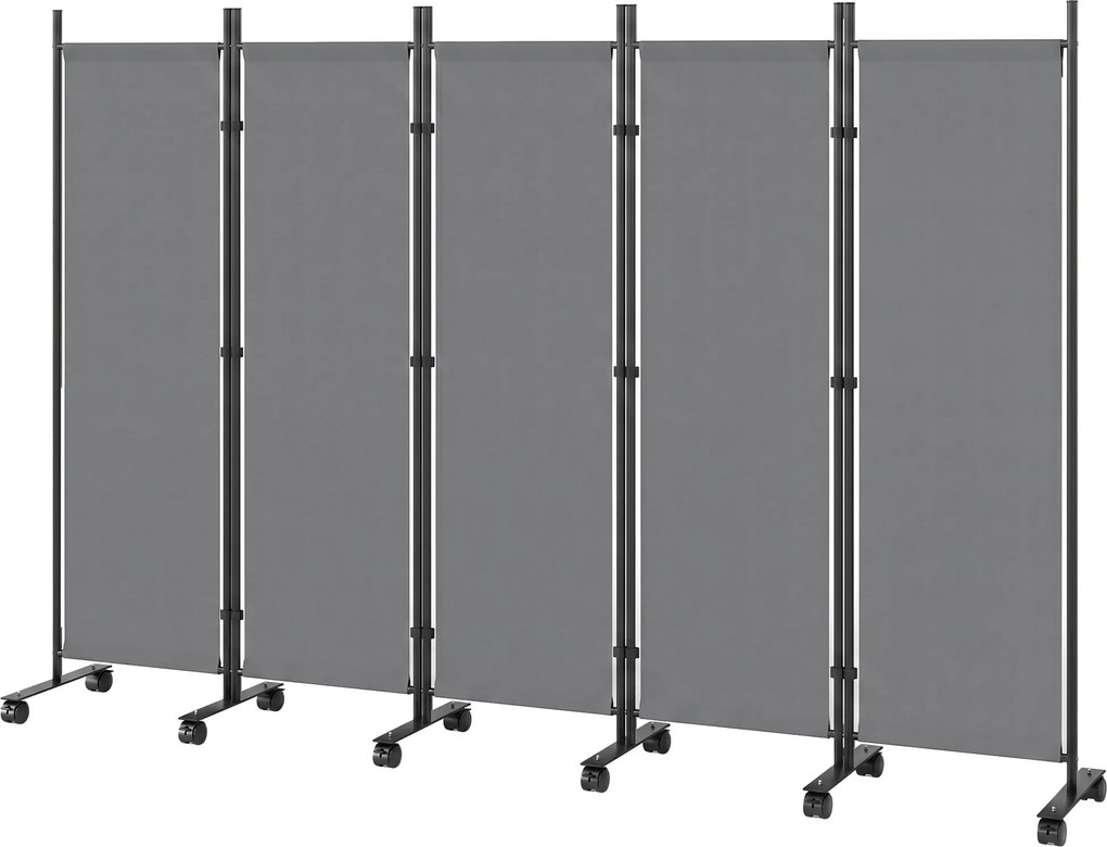 Outsunny 5-dielny paraván 252 × 40 × 170 cm — samostatne stojaci skladací paraván s 12 kolieskami, oceľový rám, vodoodpudivý polyester, tmavosivý | Ao