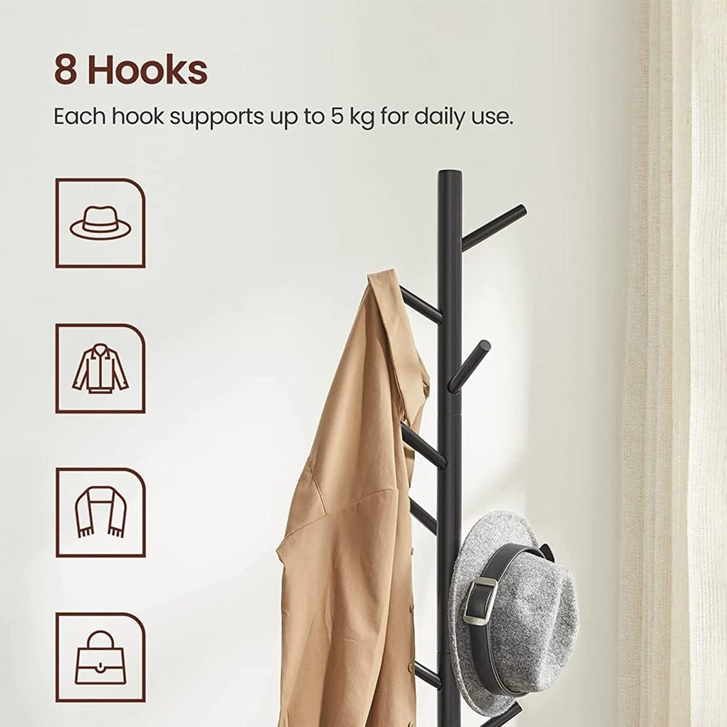 Stojací vešiak v tvare stromu s 8 háčikmi, 3 možnosti výšky, čierny