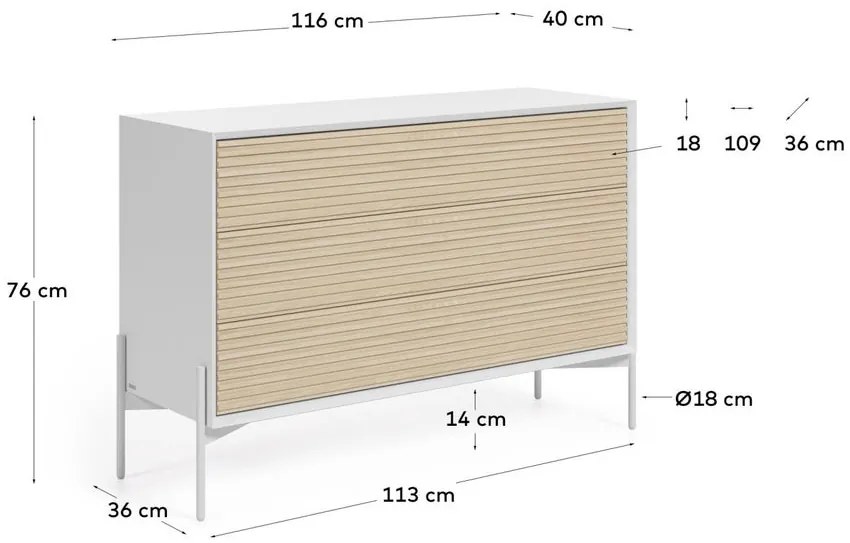 Dizajnová zásuvková komoda MARIELLE  116x76 cm jaseňové drevo, farba biela