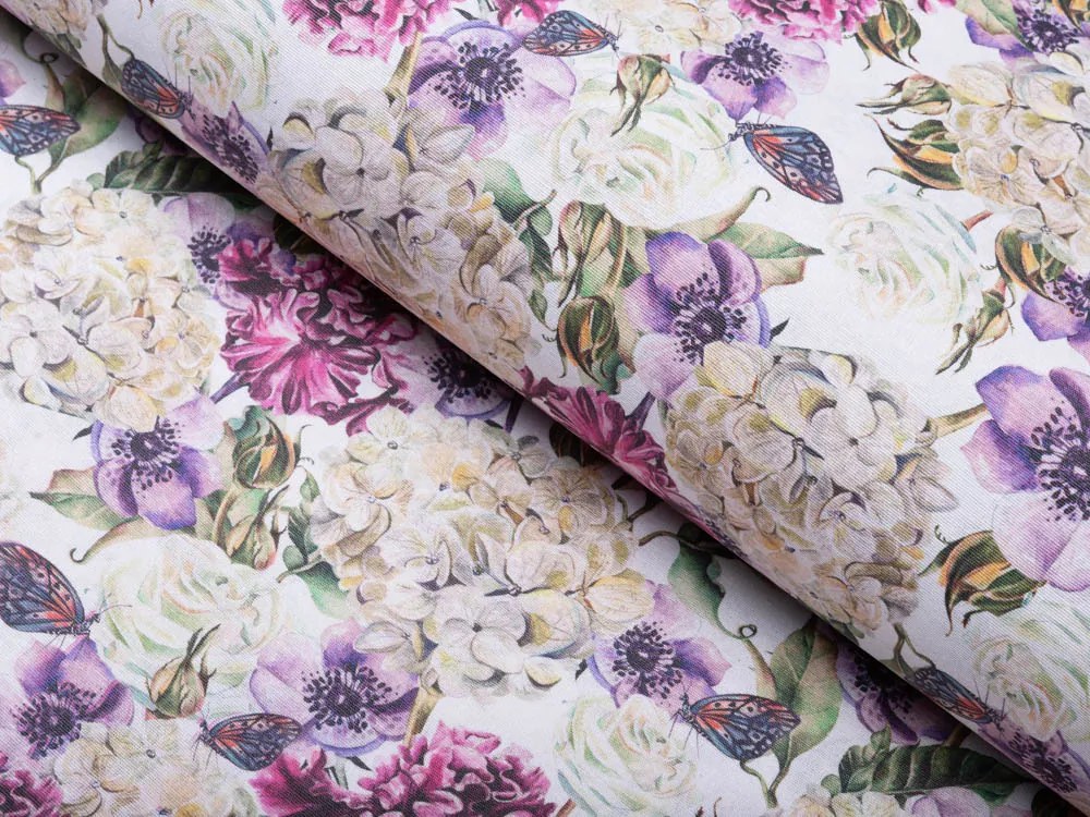 Biante Dekoračný obdĺžnikový obrus PML-108 Fialové kvety s motýlikmi na bielom 140x220 cm