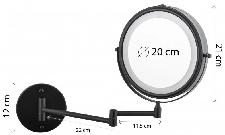 Erga Eda, LED osvetlené kozmetické zrkadlo na make-up ø20 cm, čierna matná, ERG-YKA-CH.EDA-BLK