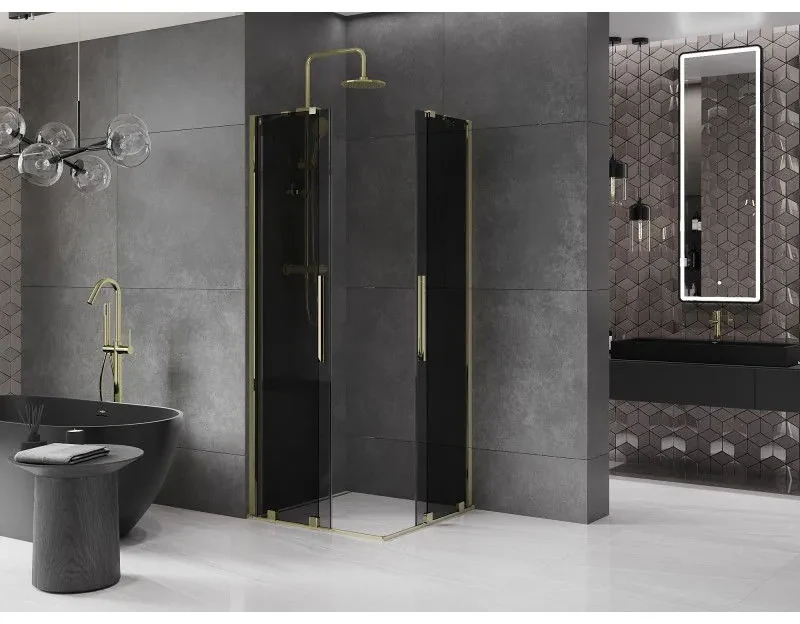 Mexen Velar Duo, sprchový kút s posuvnými dverami 90 x 90 cm, 8mm šedé sklo, zlatá lesklá, 871-090-090-42-50