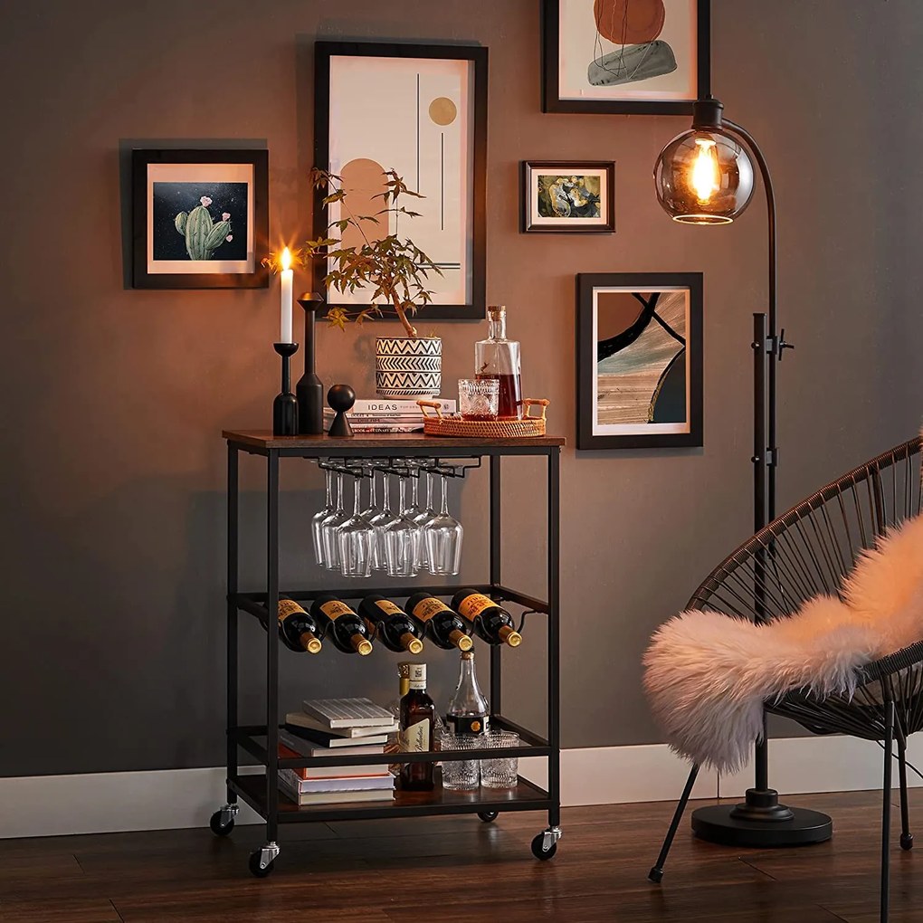 Servírovací vozík s držiakmi na poháre a fľaše, rustikálny hnedý