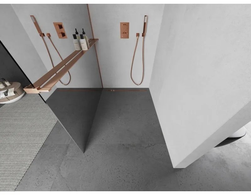 Mexen Kioto+ L, sprchová zástena Walk-In s poličkou a vešiakom 120 x 200 cm, 8mm sklo vzor zrkadlo, medený matný profil, 800-120-123-65-50