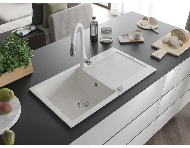 Mexen Leo, 1-komorový granitový drez 900x500x190 mm a drezová batéria Savita, biela, 6501-20-672601-20