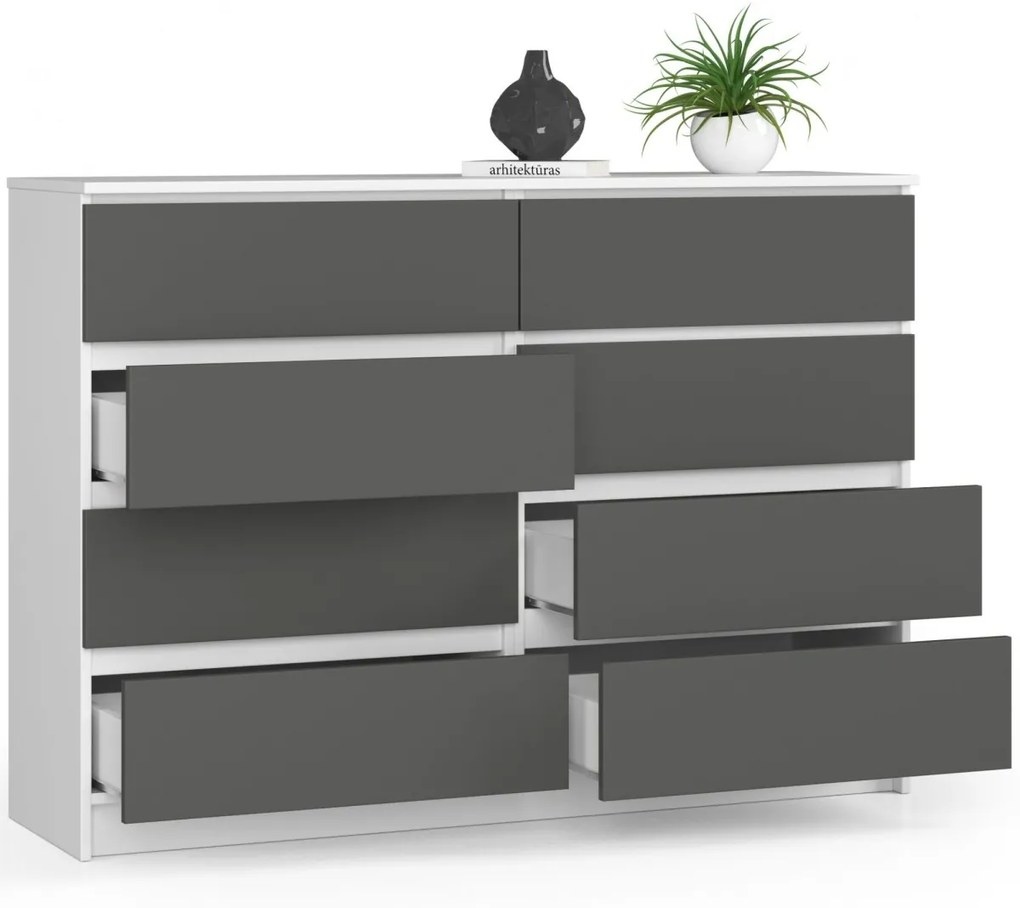 Komoda Kuba 140 cm 8 zásuviek biela/grafitová
