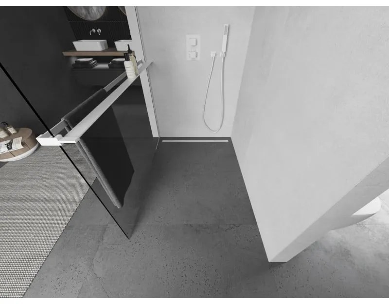 Mexen Kioto+ L, sprchová zástena Walk-In s poličkou a vešiakom 90 x 200 cm, 8mm číre sklo, biely profil, 800-090-123-20-00