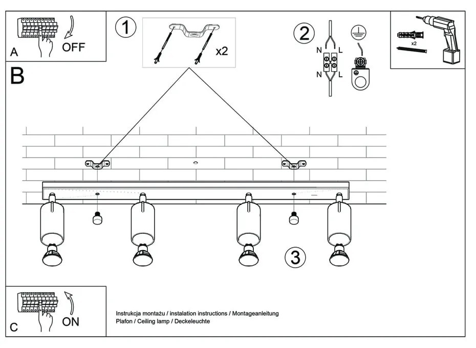 Čierne stropné svietidlo Sollux Etna 4L