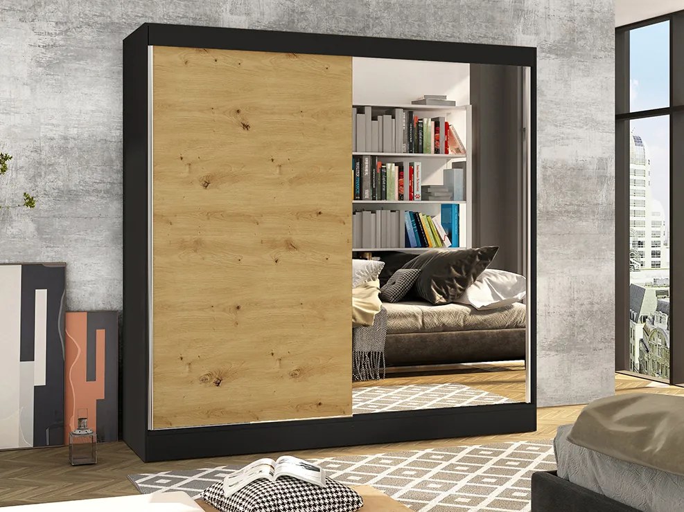 Šatníková skriňa Birdie (čierna + artisan). Akcia -20%. Vlastná spoľahlivá doprava až k Vám domov. 1068324