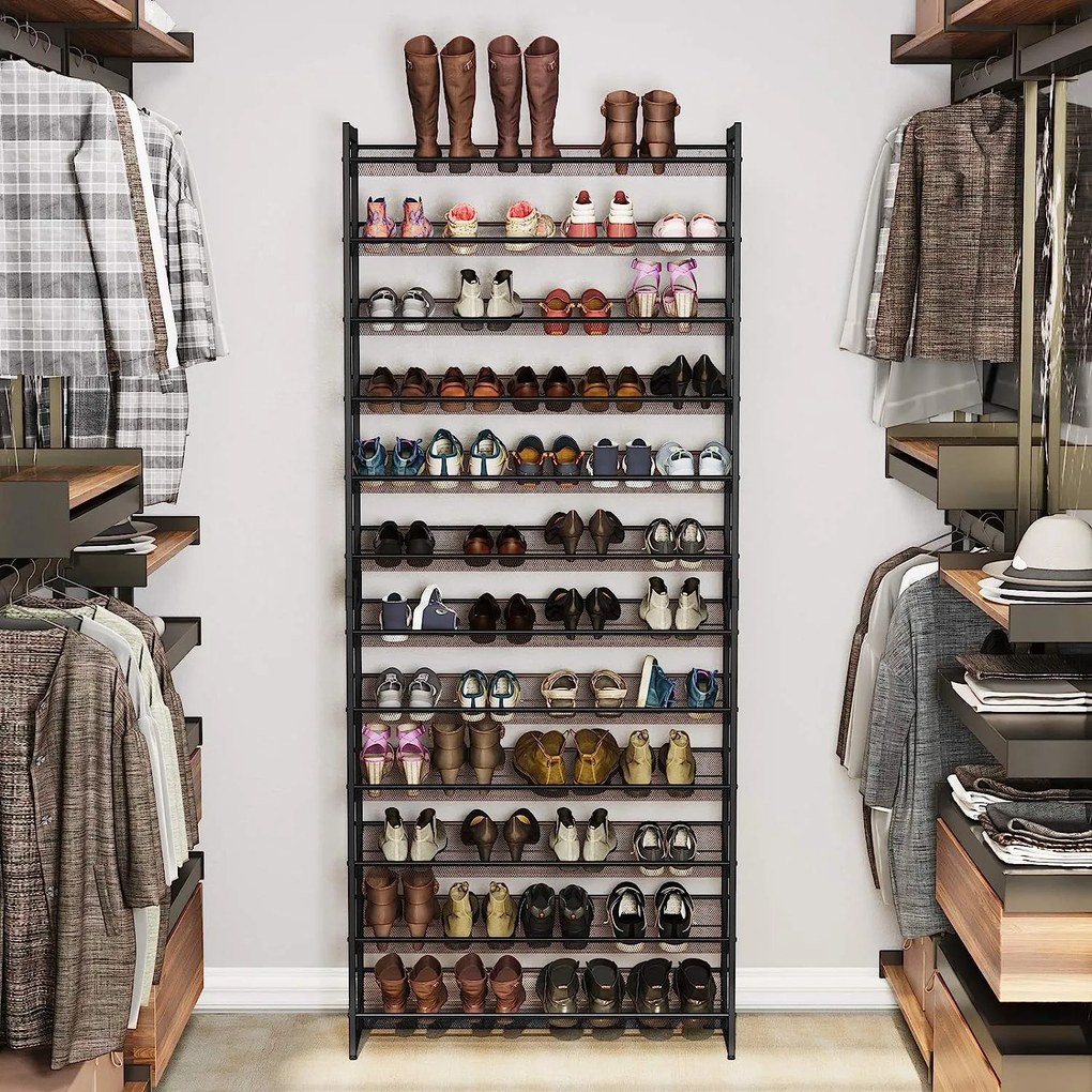 Botník, 12-policový stojan na topánky, pre 48-60 párov topánok, čierny