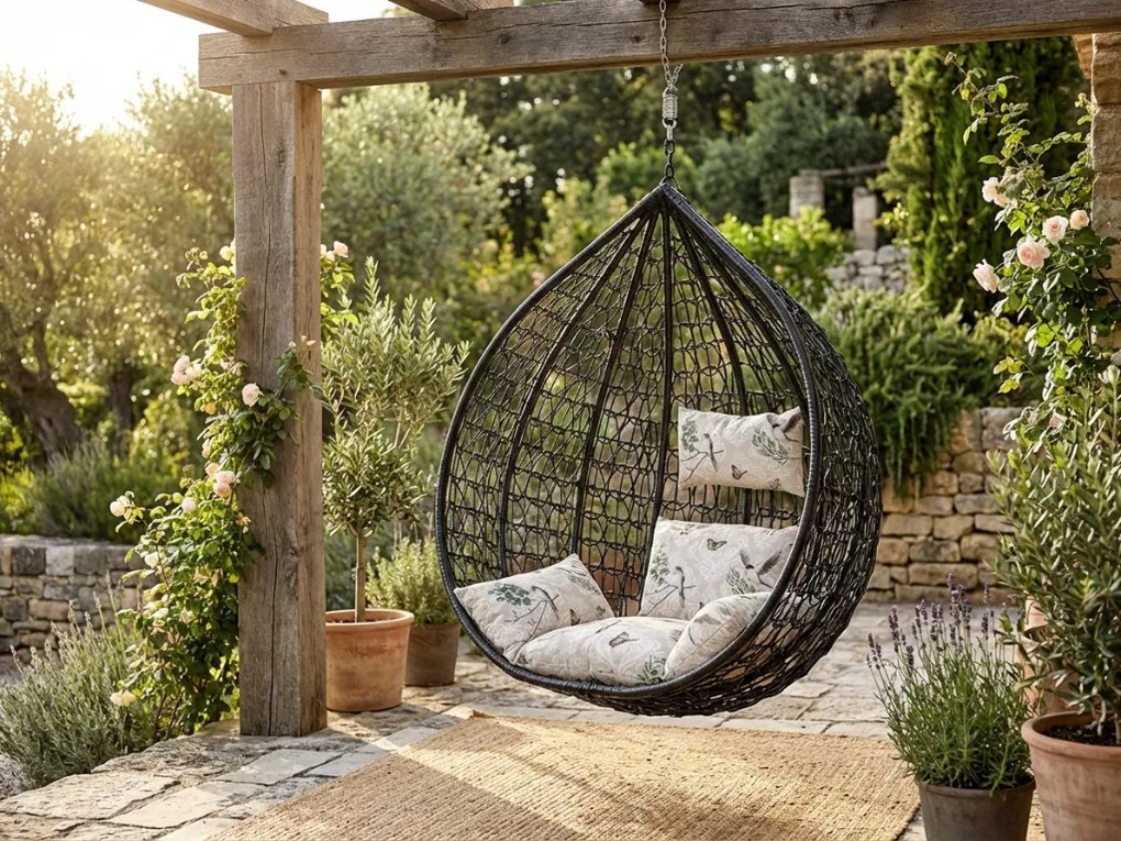 Čierne závesné kreslo KOKON bez stojanu, béžový vankúš