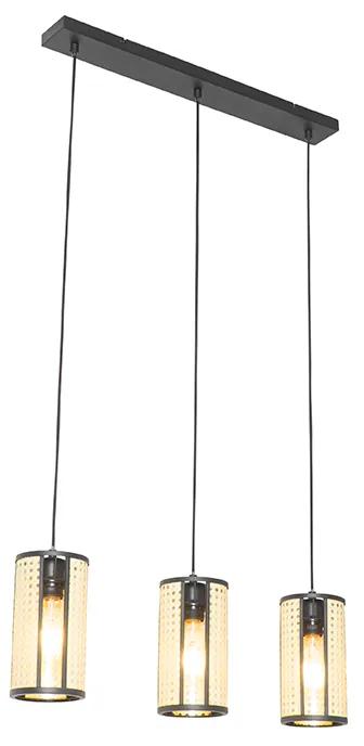 Orientálna závesná lampa čierna s ratanovým 3-svetlom podlhovastá - Akira