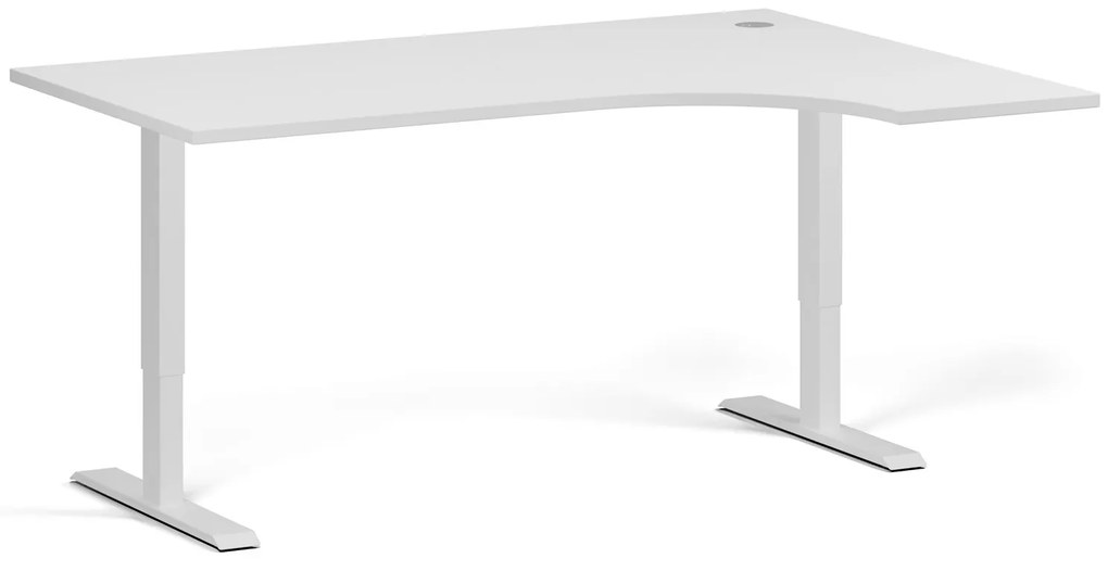 Rohový výškovo nastaviteľný stôl, 160x120 cm, 2 motory, L/P, biela podnož, biela